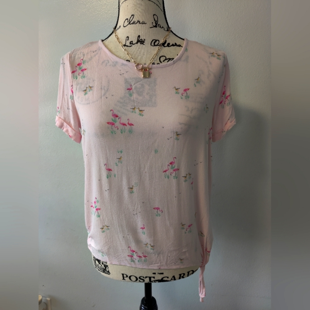 LC Lauren Conrad pink flamingo tie waist top small euc